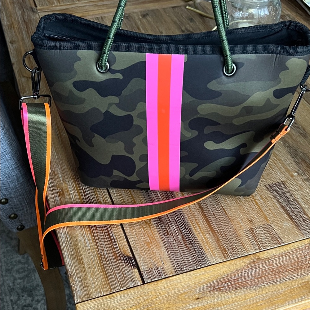 HAUTE SHORE Camo Tote with Neon Pink and Neon Orange Stripes
